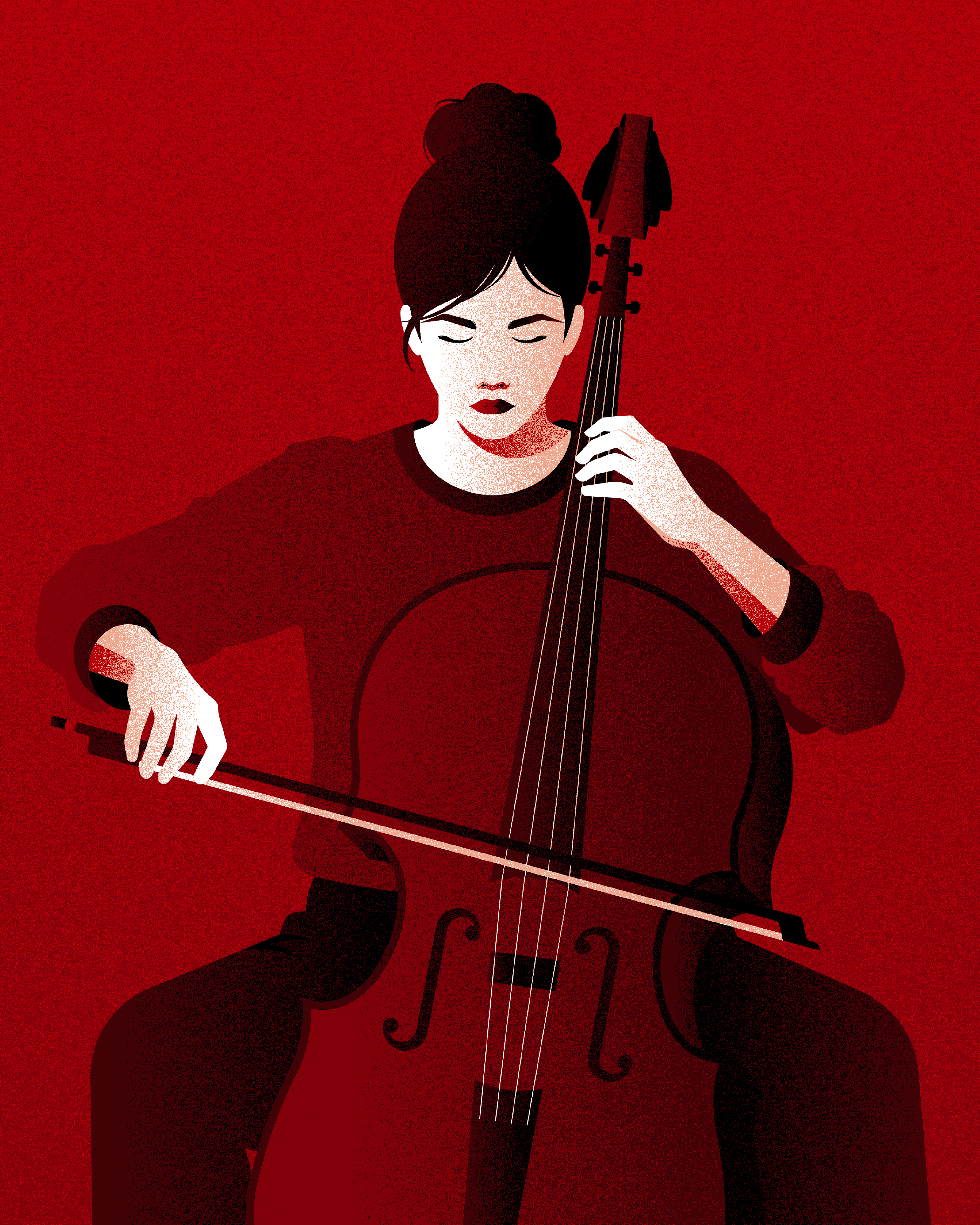 Illustration vectorielle d’une musicienne aux cheveux noirs attachés en chignon, les yeux fermés, jouant de la contrebasse à l’archet. La composition aux contrastes marqués, dans une palette de rouge et de noir, met en valeur la silhouette de l’instrument et la concentration de l’interprète.