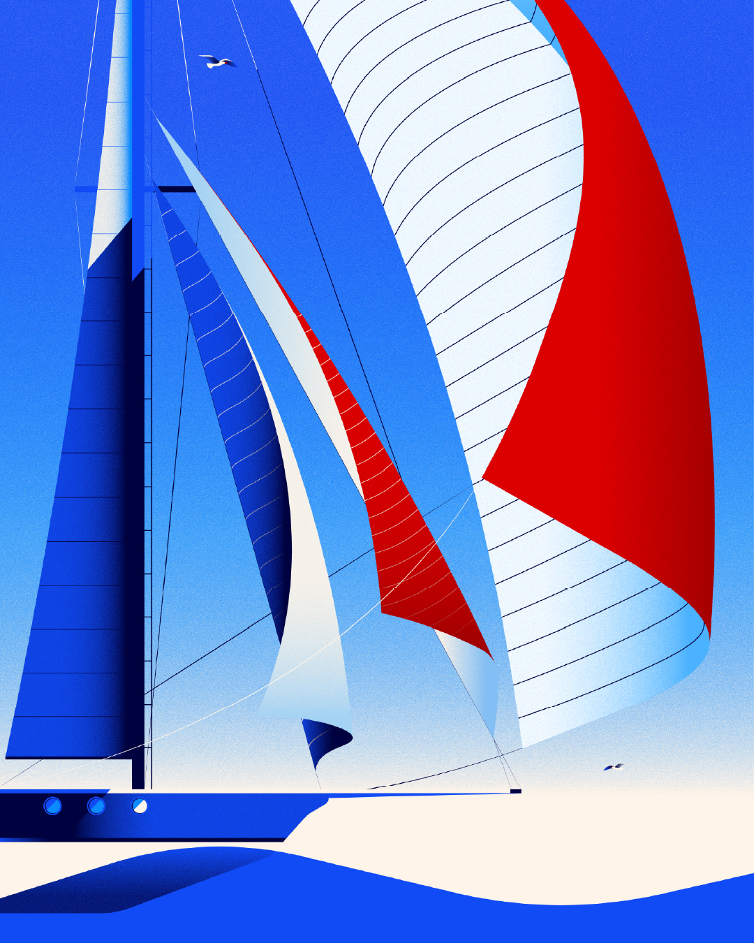 Illustration vectorielle épurée d'un voilier, gros plan sur les voiles bleues et rouges aux couleurs vibrantes, composition minimaliste